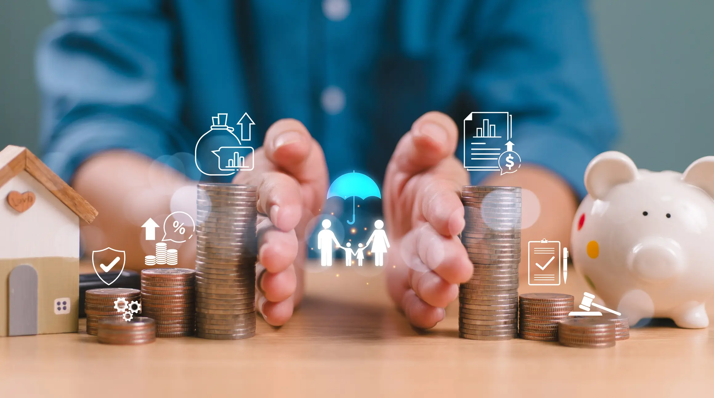 Stacked coins with financial growth symbols